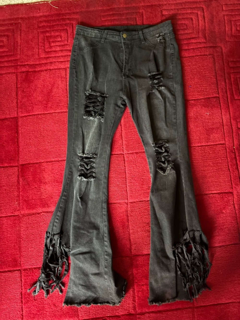 Distressed Black Flared Jeans with Fringe high waisted